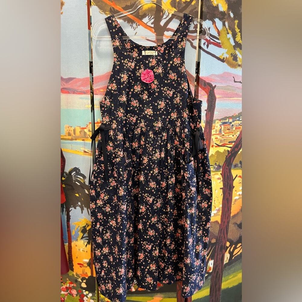 Handmade Navy & Pink Floral Jumper Dress w Ribbon Ties